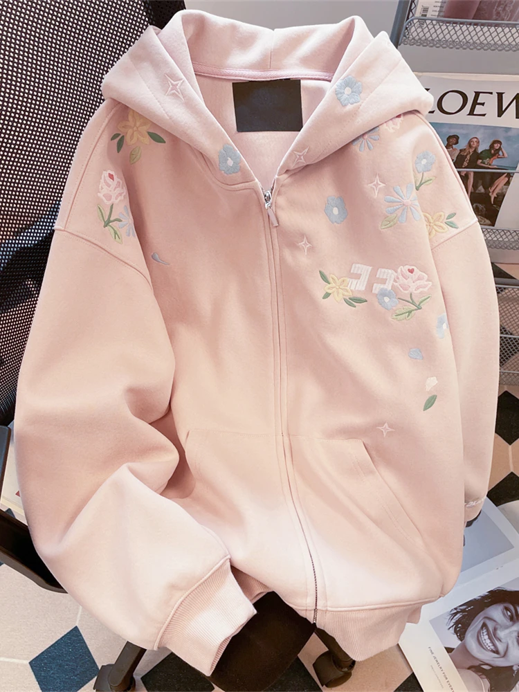 

Ele Floral Embroidery Sweatirt Women's Autumn Winter Faion Unique Design Korean Sle Long Sve Hoodie with Zipper