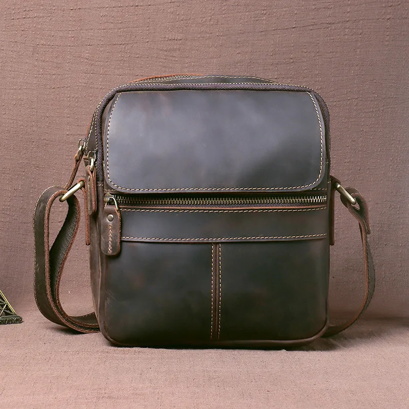 New Retro Men's Vertical Crossbody Bag, Handcrafted Pull-Up Leather Sling Bag, Full-Grain Leather Casual Shoulder Purse