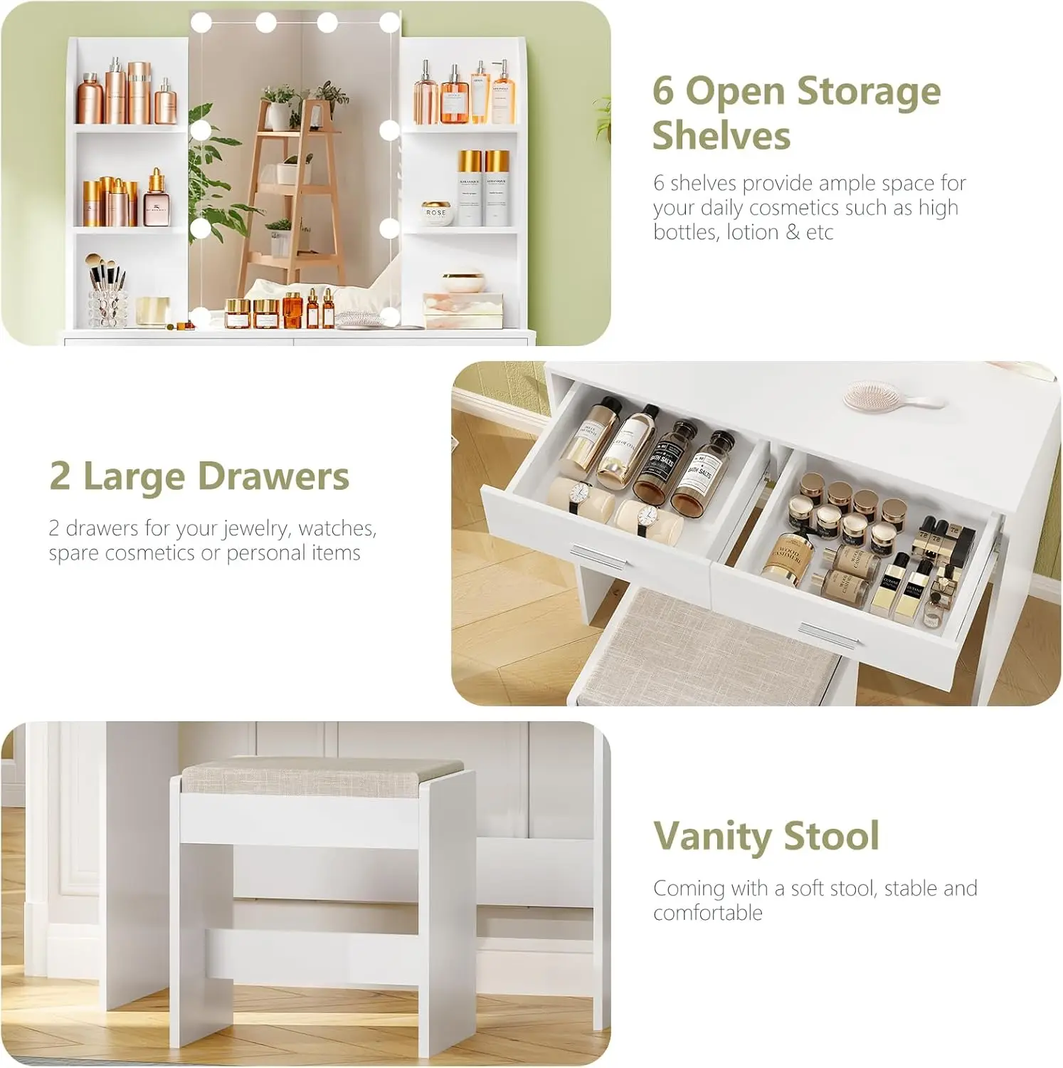 Vanity Desk with Mirror & Lights,2 Large Drawers, 6 Storage Shelves & Stool, 3 Color Light Adjustable