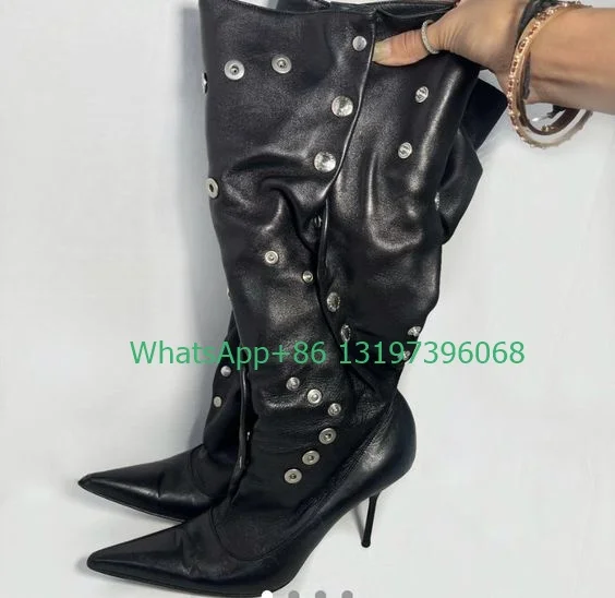 

Lady vintage punk style PU knee boots stiletto heel pointed toe metal design boots gothic style cowboy dress boots size 35-46