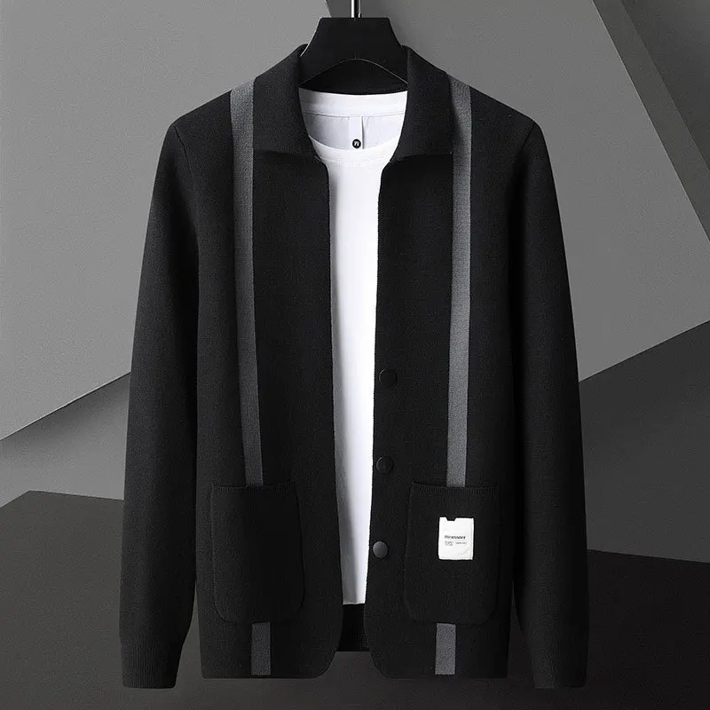 Lapel Color Contrast Knitwears Line Decoration Knitting Cardigan Man Long Sleeve Slim Sweater Cardigan Male Garment Coat Sweater