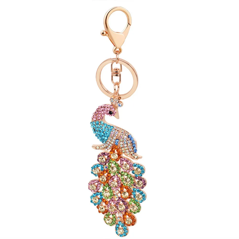 Fashion Colorful Peacock Keychain Peafowl Hollow Rhinestone Crystal Keyring Crafts Peahen Bag Charm Pendant Handbag