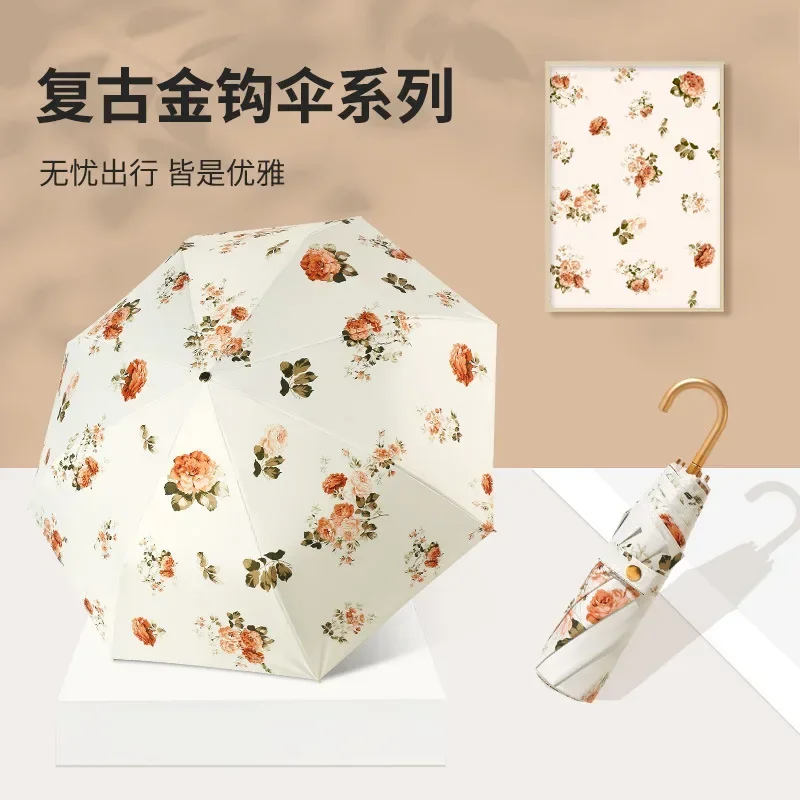 

Color glue folding sun umbrella women's anti-ultraviolet parasol tri-fold vinyl gold curved handle plant print sunny umbrella