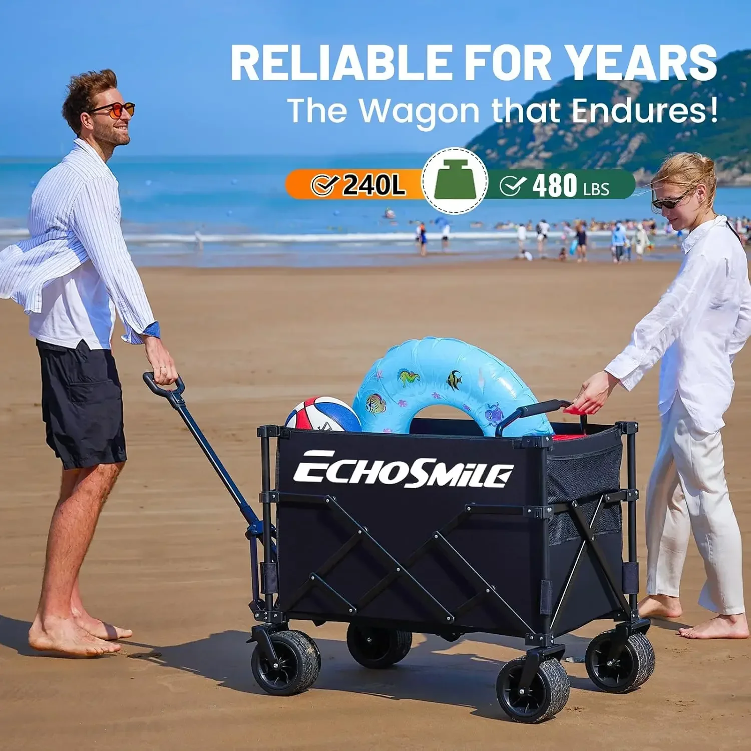 Collapsible Outdoor Utility Wagon, Beach Wagon for Sand with Big Wheels, Camping Portable Cart