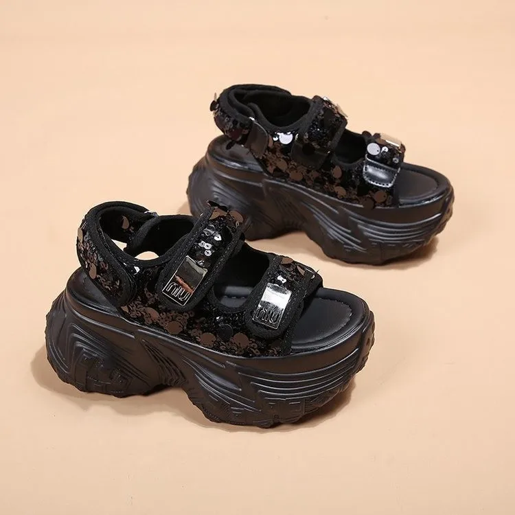

Summer new sequin sandals for women wearing round toe thick sole sequin Velcro casual beach sports sandals