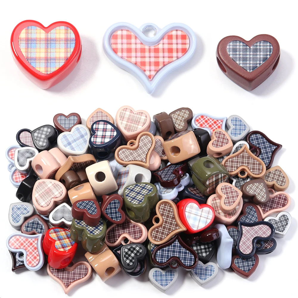 5-10 stücke Vintage Plaid Herz Acryl Perlen Creme Farbe Acryl Perlen Lose Perlen Für Schmuck Machen DIY Halskette kajaketten