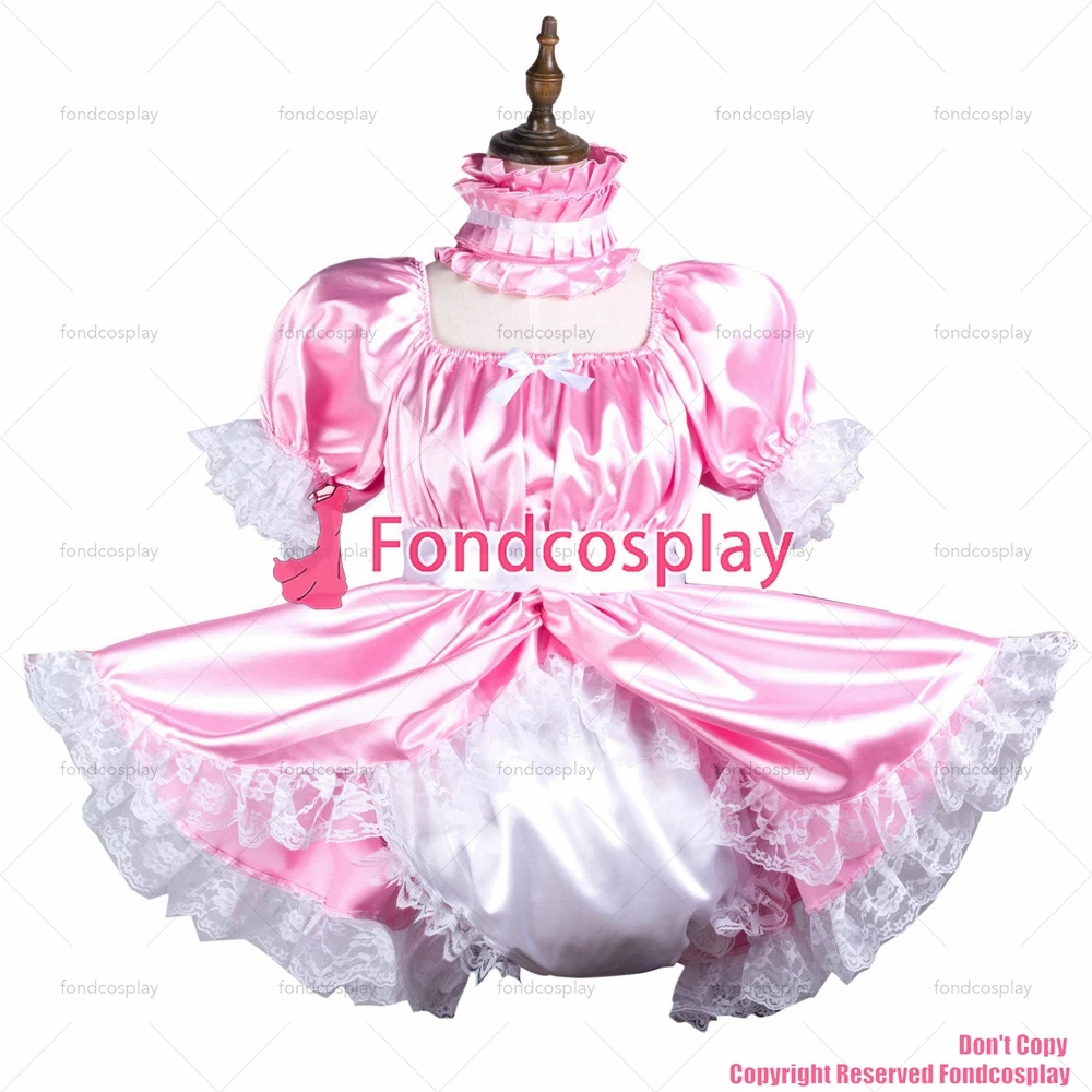 fondcosplay adult sexy cross dressing sissy maid baby pink satin dress lockable Uniform jumpsuits rompers CD/TV[G3736]