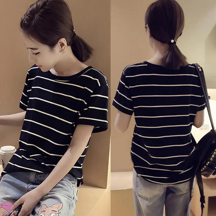 Summer New Korean Style Striped Short Sleeve T-Shirt Loose round Neck Women's Top Cute Style Linen Material Printed Craft