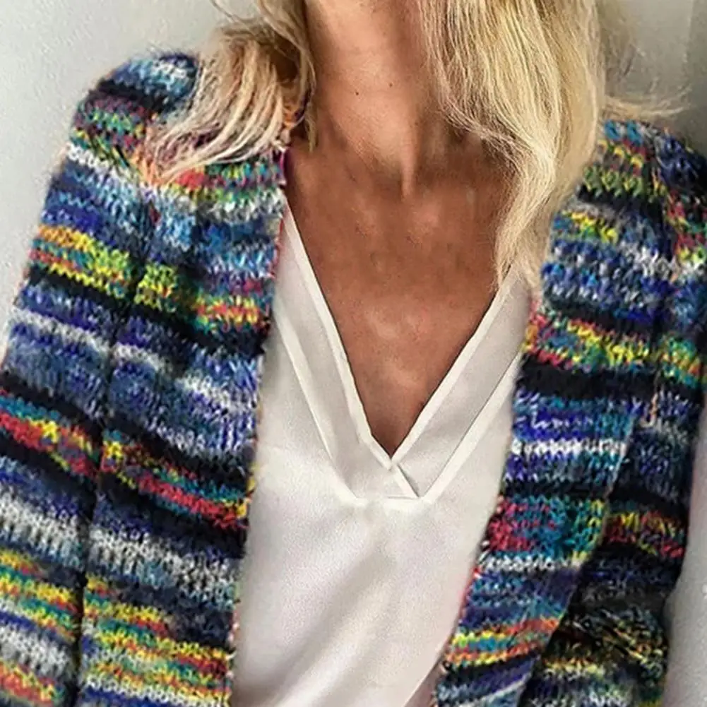 Autumn Vintage Sweater Cardigan Women Long Sleeve Knitted Rainbow Stripes Knitted Coat Ladies Office