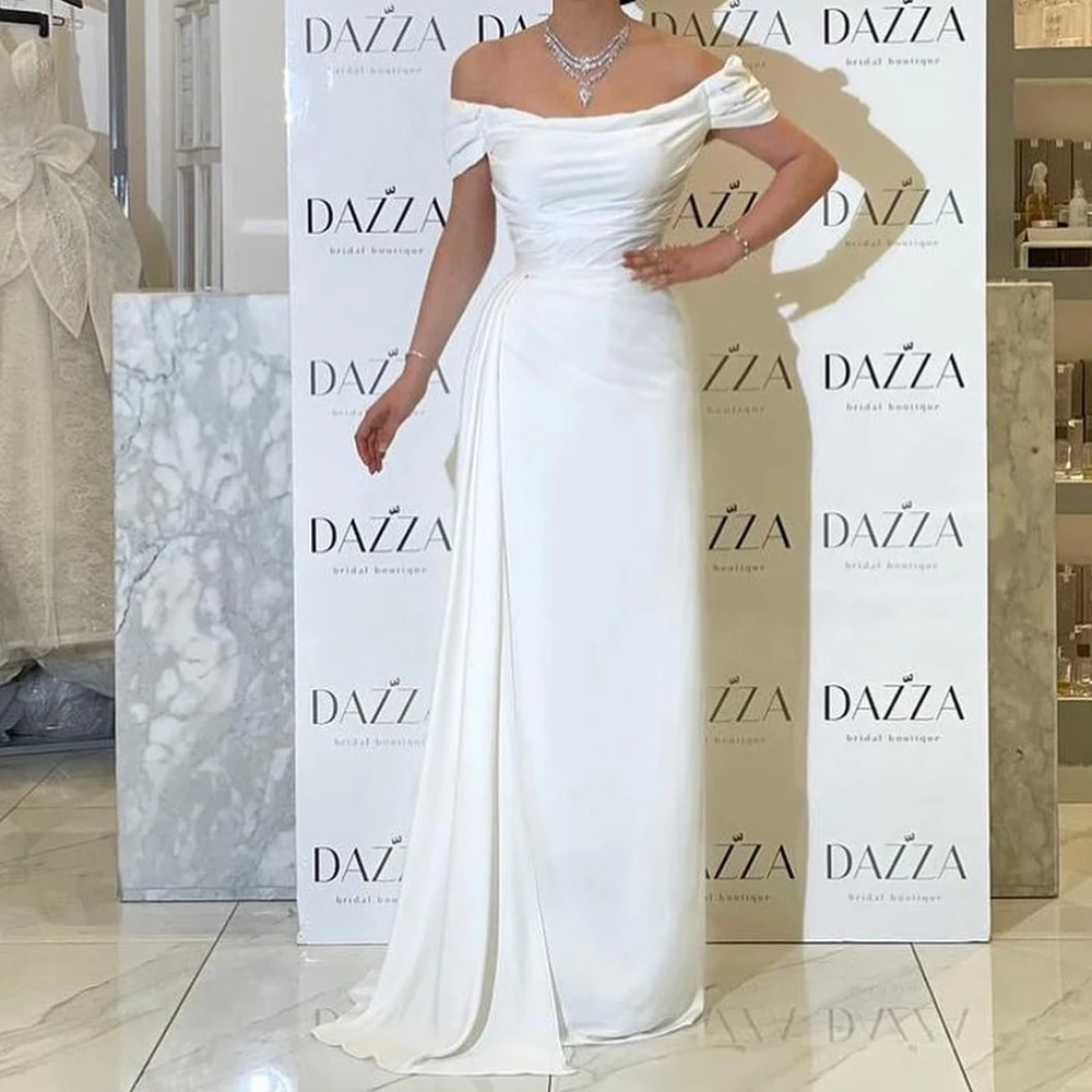 

Customized A-line Evening Dresses Floor-length Off The Shoulder Sleeveless Prom Gown Simple Fashion Draped Backless Party Gown
