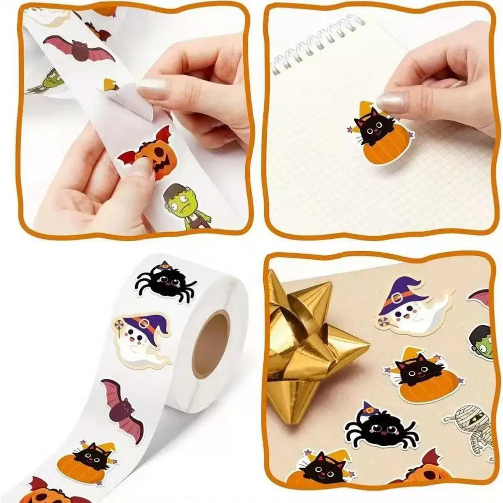 500pcs Roll Stickers Funny Halloween Sticker Roll Cute Pumpkin Ghost Skull Spider Bat Label Decal Graffiti Stickers DIY Accessor