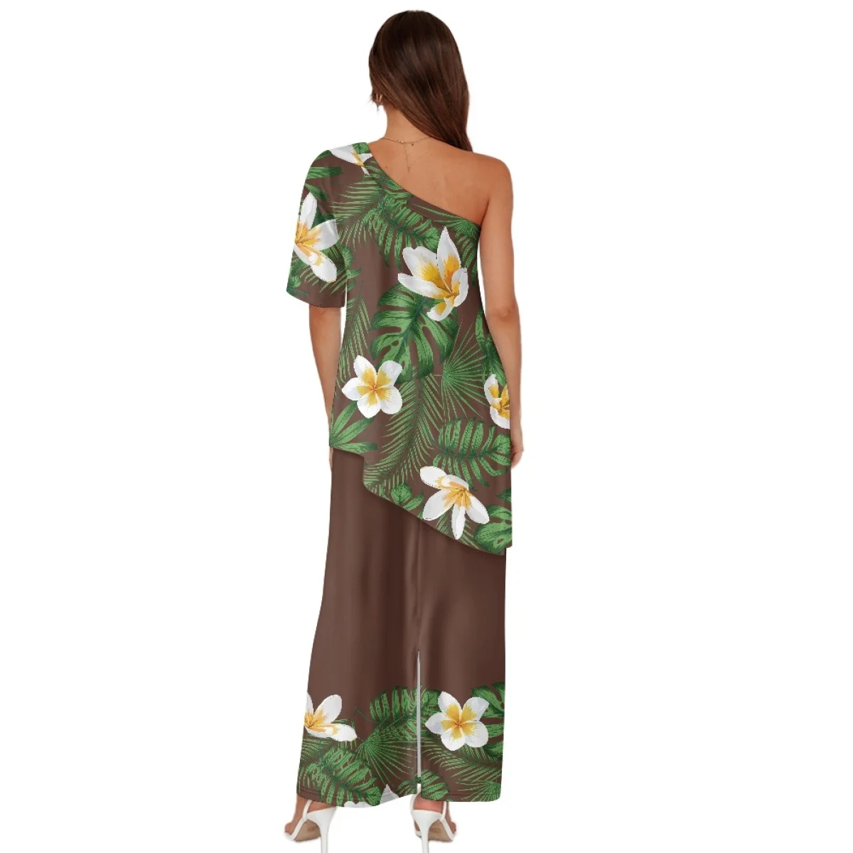 ชุดเดรสปูเลตาซีลายดอกชบาสีน้ำตาลสไตล์ฮาวายซามัวแบบสั่งตัดพิเศษสำหรับงานปาร์ตี้สุดหรู แขนเดียว สำหรับฤดูร้อน