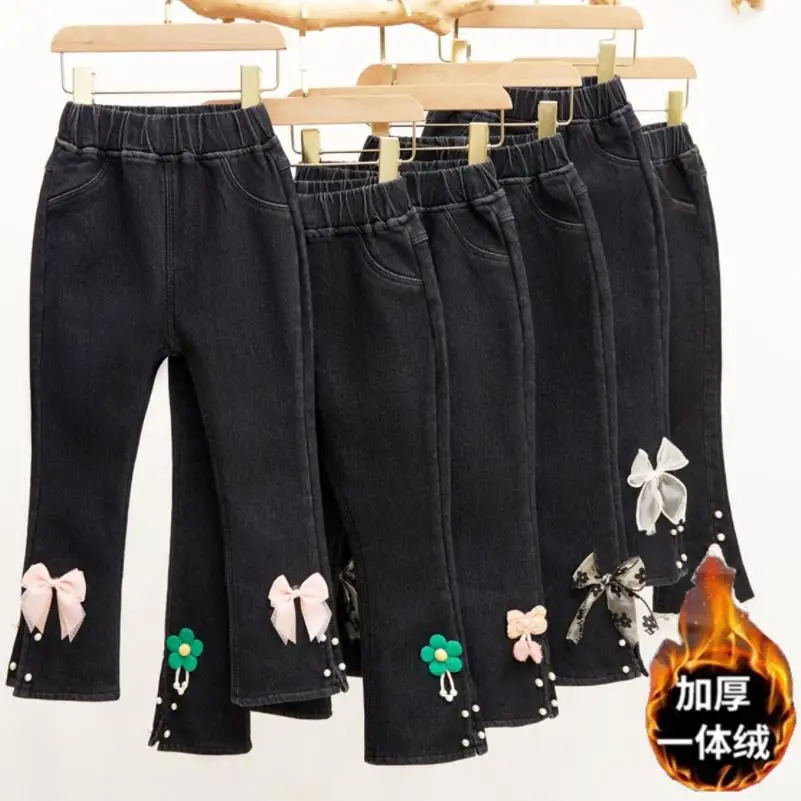 

Teenage Children Girls Jeans 2022 Autumn winter Fashion Plush warmth Pants Kids Skinny Jeans for Girls bell-bottoms 3-12Y