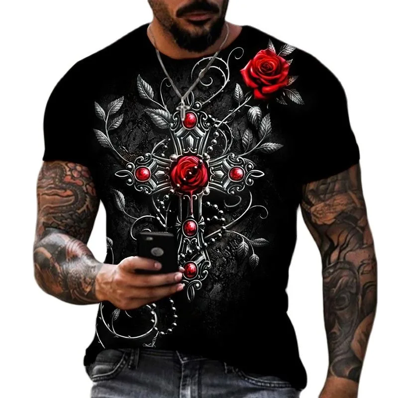 

Camiseta con estampado 3D de Cruz para hombre, трикотаж манги corta con cuello redondo, платье Retro de talla grande,