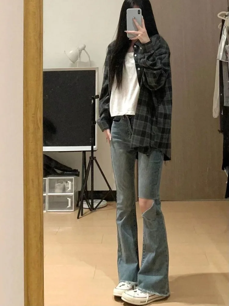 Deeptown Vintage Long Sleeve Plaid Shirts Y2k Woman Korean Style Blouses Harajuku Fashion Japanese Oversize Check Outerwears