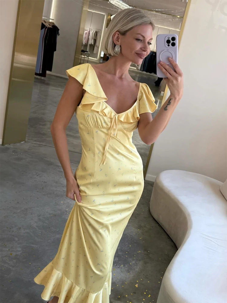 Butter Yellow Satin Bias Cut Lace Patchwork Midi Dress V Neck Backless Suspenders Women's Dresses Y2k 2026 Dinner Party Vestidos