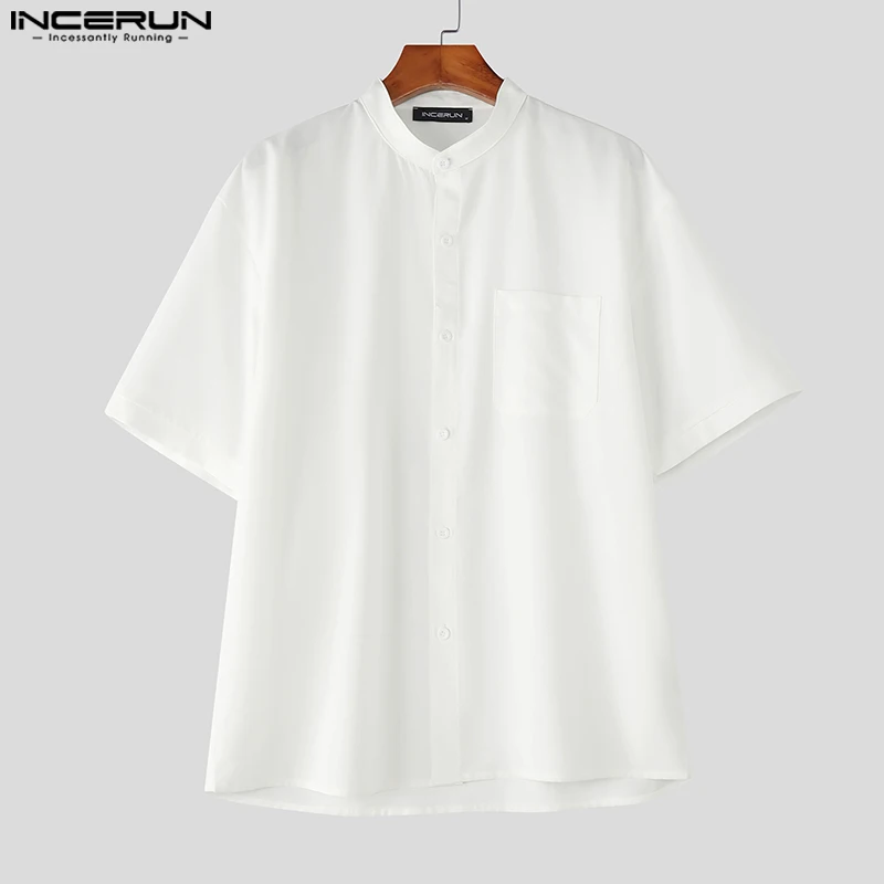 

INCERUN Men Solid Color Shirt Stand Collar Short Sleeve Korean Style Men Clothing Loose Summer Streetwear 2025 Fashion Male Tops
