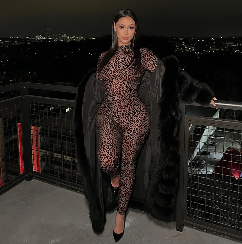 

СТИЛЬНЫЕ женские комбинезоны с леопардовым принтом, весна 2026, женские водолазки с длинными рукавами, облегающие сексуальные вечерние клубные комбинезоны, цельные комбинезоны