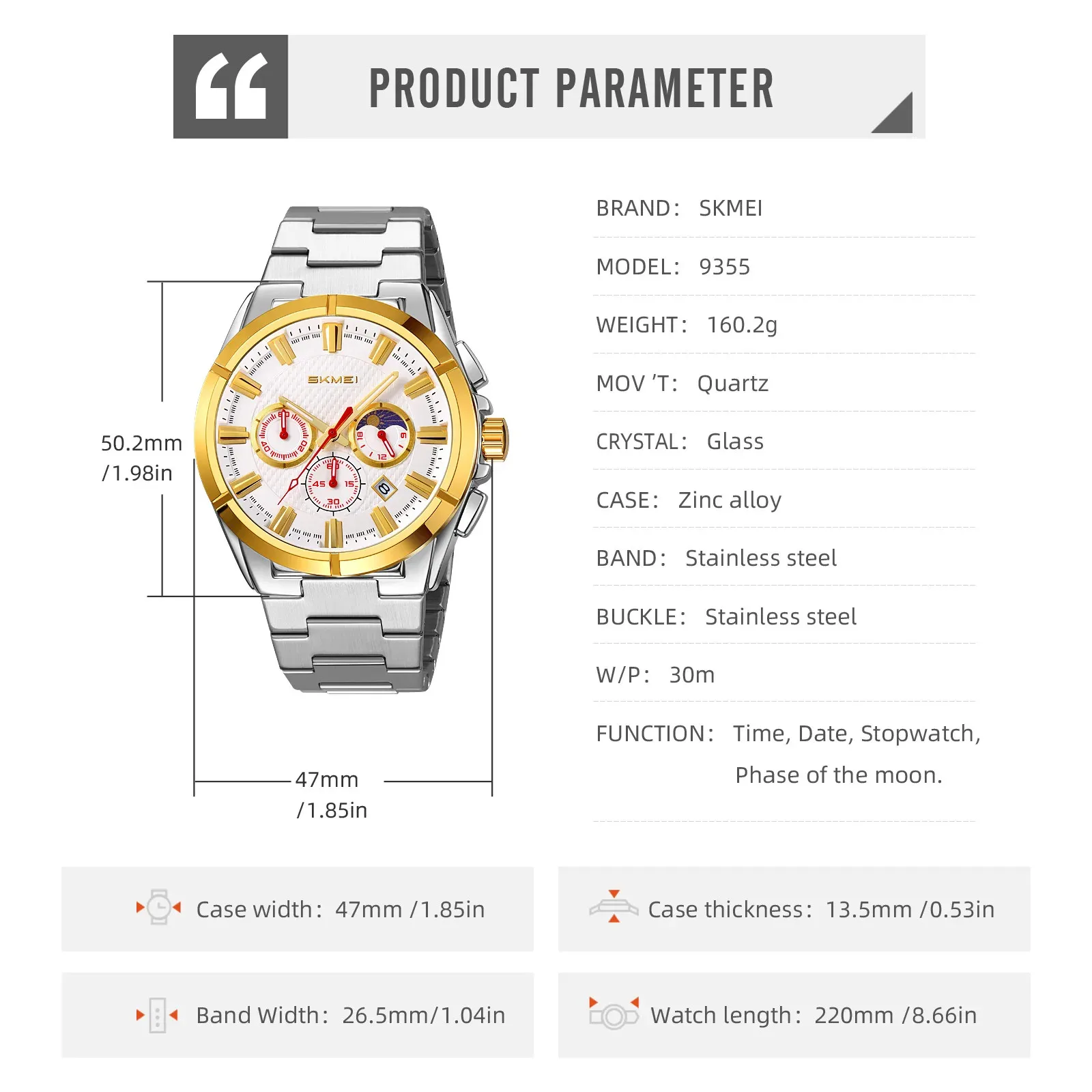 ساعة يد كوارتز SKMEI 9355 Time StainlSteel للرجال مقاومة للماء