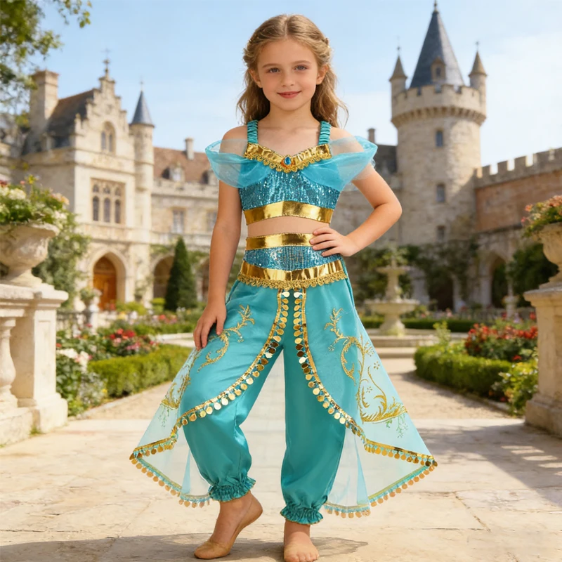 Jasmine Princess Costume Children Carnival Cosplay Dress Girl's Halloween Costume Girls' Summer Clothing Holiday Leisure Set
