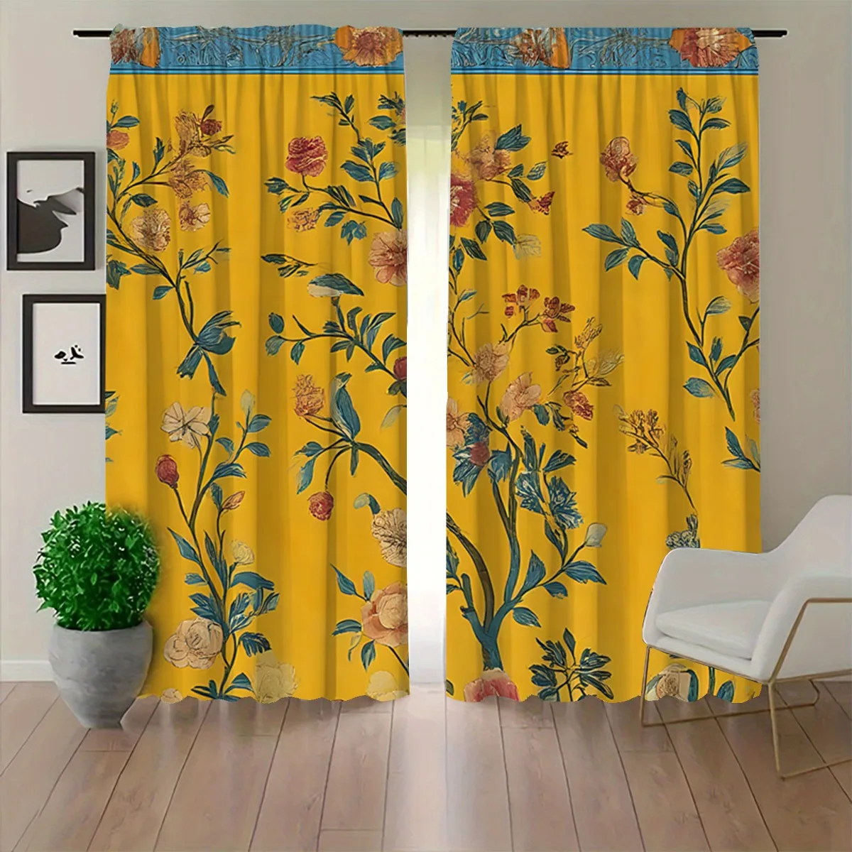 Vintage Yellow Floral Branch Blackout Rod Pocket Curtain Color Peony Leaf Decor Retro Homestay Bedroom Rest Bay Window