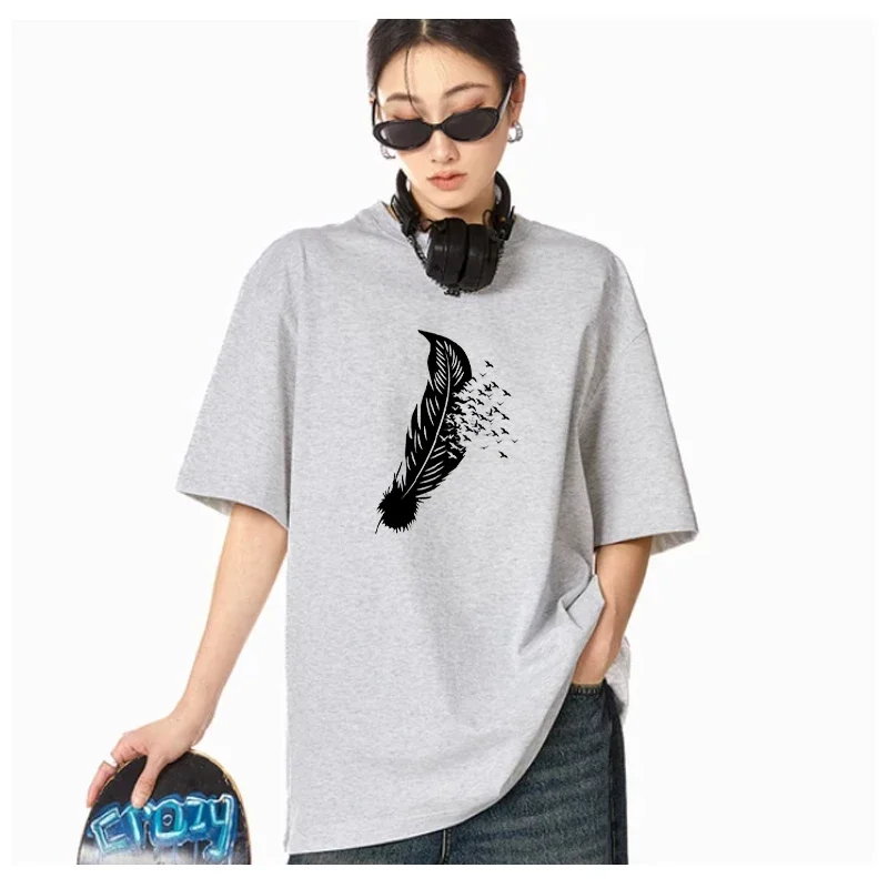 Feather Short-sleeved Women's Casual Harajuku Style Fashion T-shirt Printing Loose O-neck Slightly Elastic Summer Home New Style