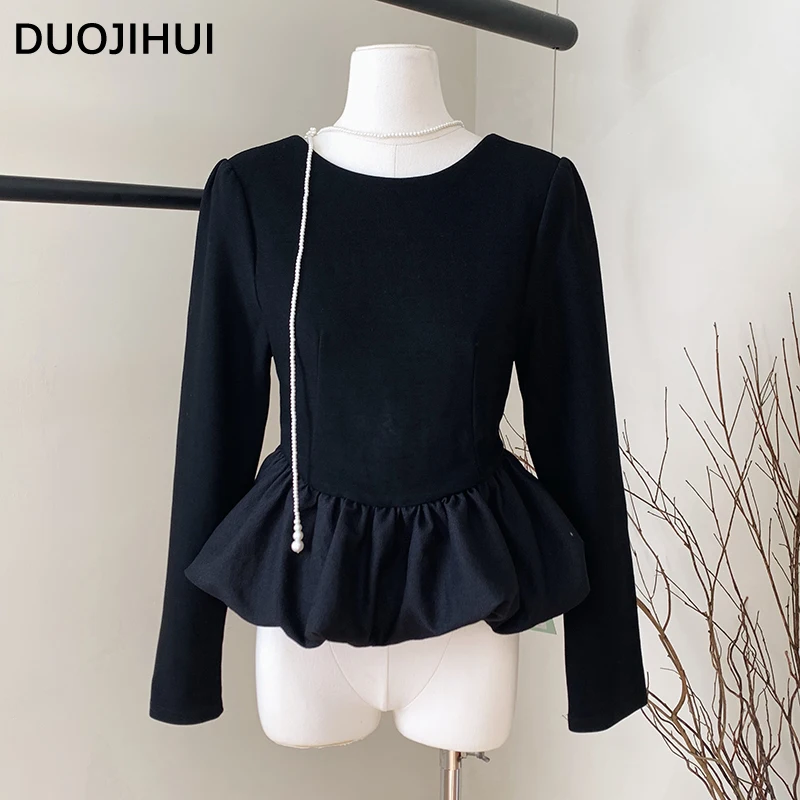 DUOJIHUI Autumn New Chic Neck Contrast Color Female Tops Korean Style Loose Simple Long Sleeve Fashion Slim Casualwomen Clothes