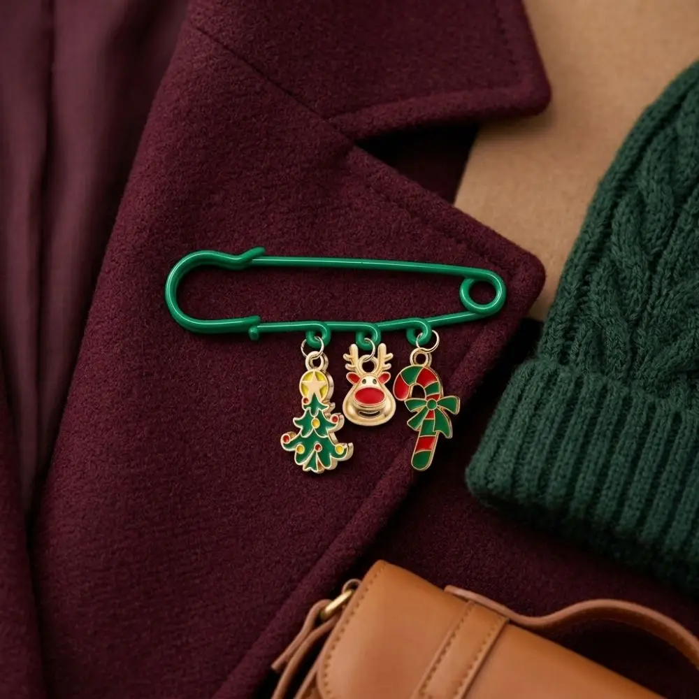 Fashion Christmas Dangle Safety Pin Enamel Cartoon Christmas Decor Brooch Pin Alloy Rust-proof Candy Cane Dangle Pin