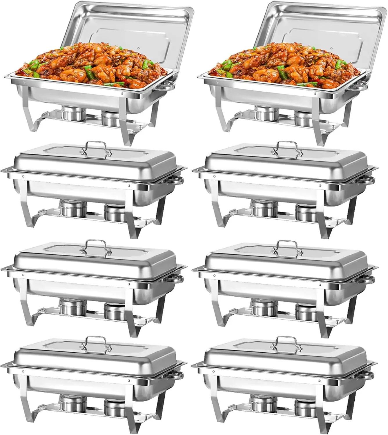 

8 Qt 8 Pack Full Size Stainless Steel Chafing Dishes Buffet Set, Silver Rectangular Catering Chafer Warmer Set with Trays Pan