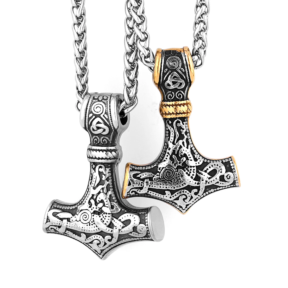 

Viking Rune Thor's Hammer Pendant Necklace Men's Domineering Nordic Amulet Mixed Gold Color Stainless Steel Jewelry Gift