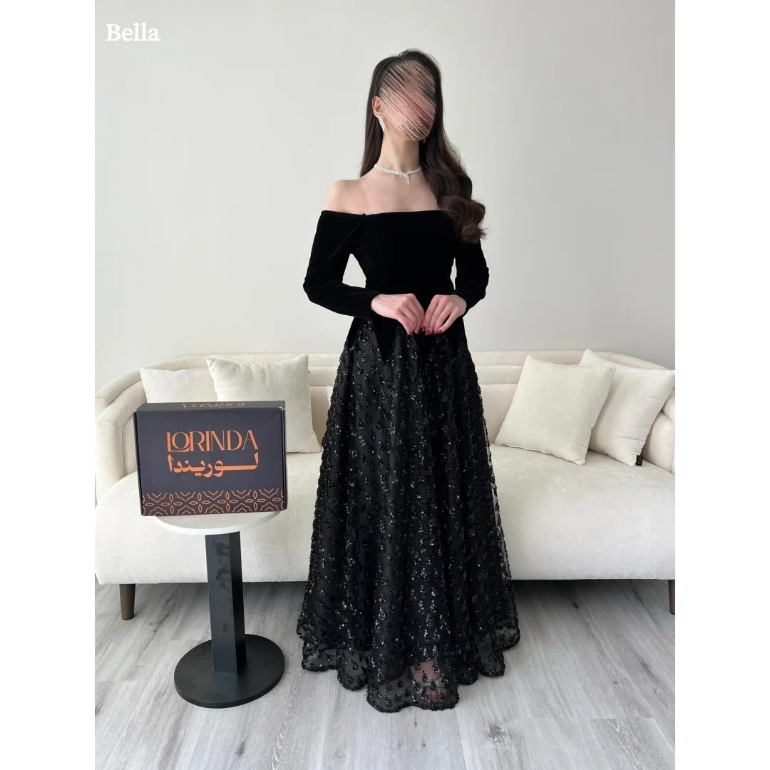

Черные бархатные лифы с открытыми плечами и длинными рукавами Bella по индивидуальному заказу, вечерние платья с кружевной накладкой и блестками, вечерние платья трапециевидной формы 2025
