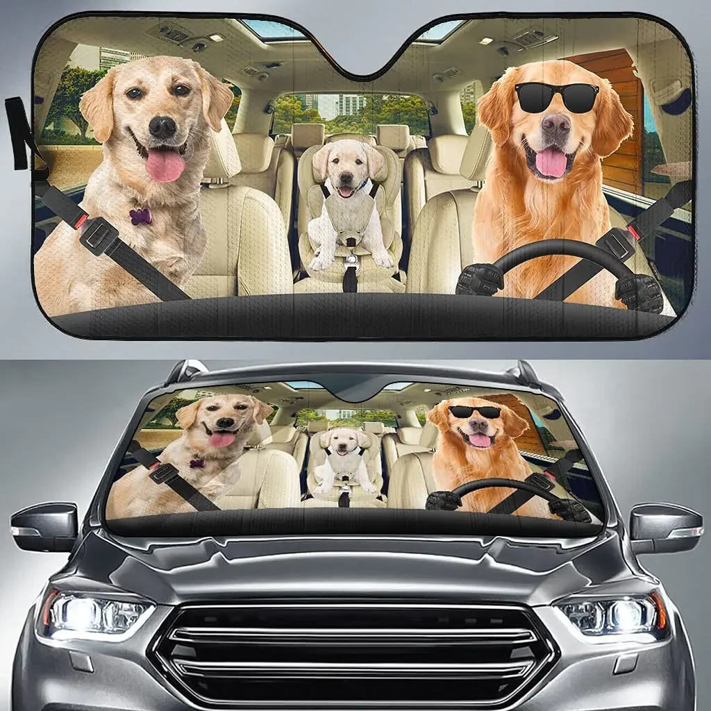 Golden Retriever Dog Wear A Sunglasses Driving Auto Windshield Sun Shade, Funny Labrador Dog Family Foldable Sun Visor Protector