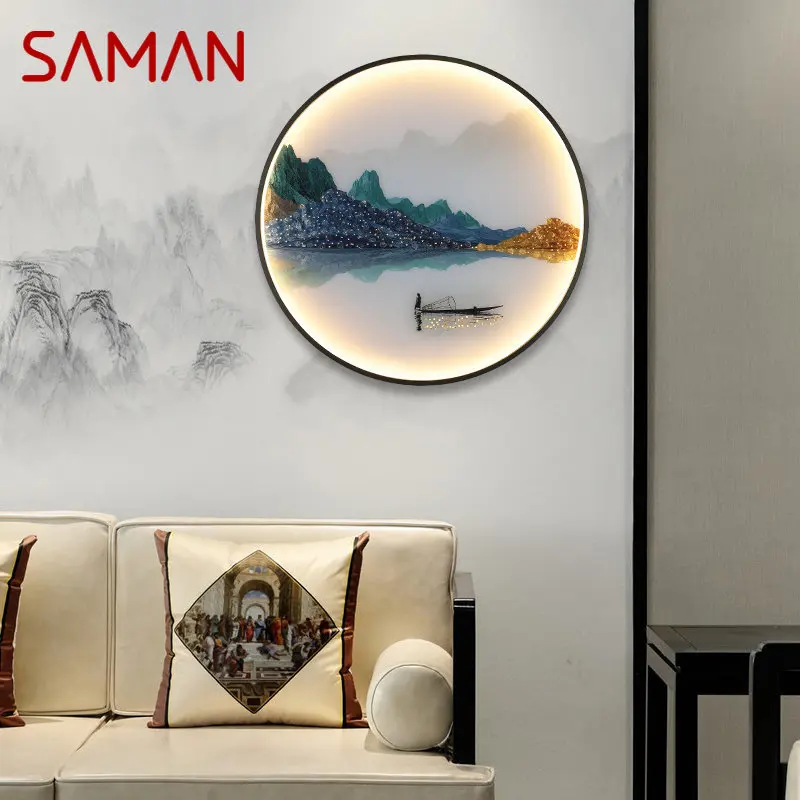 

SAMAN Wall Lights Modern Landscape Painting LED Sconces Round Lamp Creative For Home Bedside