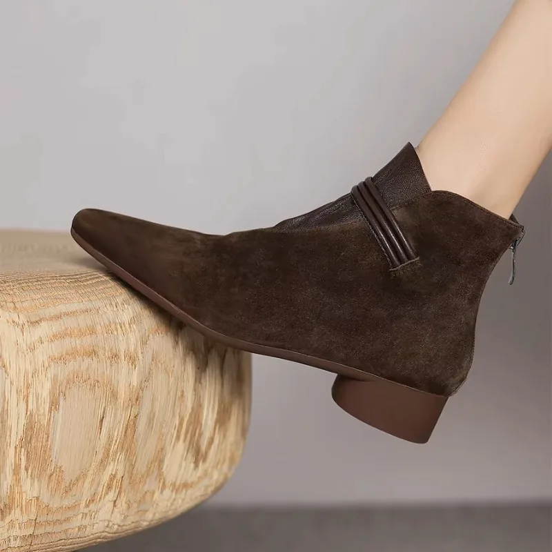 

Меховые ботинки, зимние новые замшевые теплые уличные повседневные туфли на низком каблуке с острым носком, модные женские ботинки на молнии сзади, Botas De Mujer
