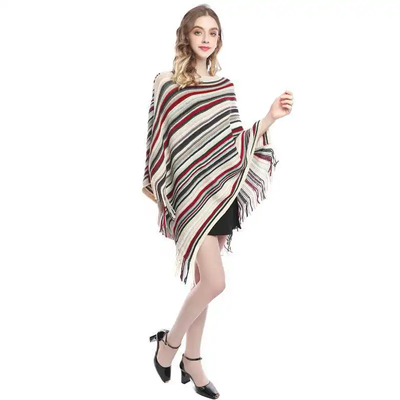 European American Striped Tassel Cape and Shawl V-neck Pullover Sweater Coat Wholesale