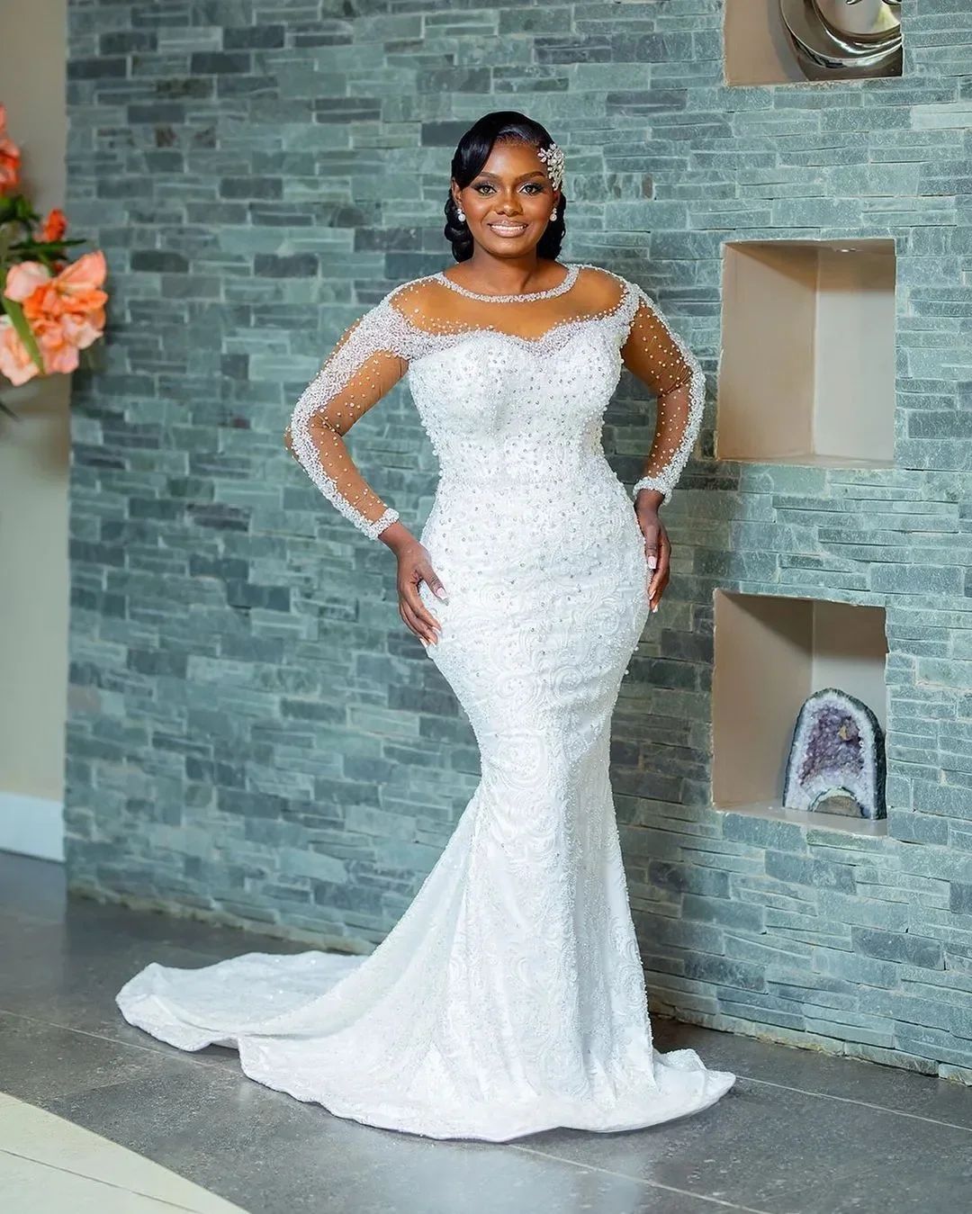 

Customized Luxury Mermaid Plus Size Wedding Dresses African Bridal Gowns Illusion Sheer Lace Detachable Train Vestidos De Novia