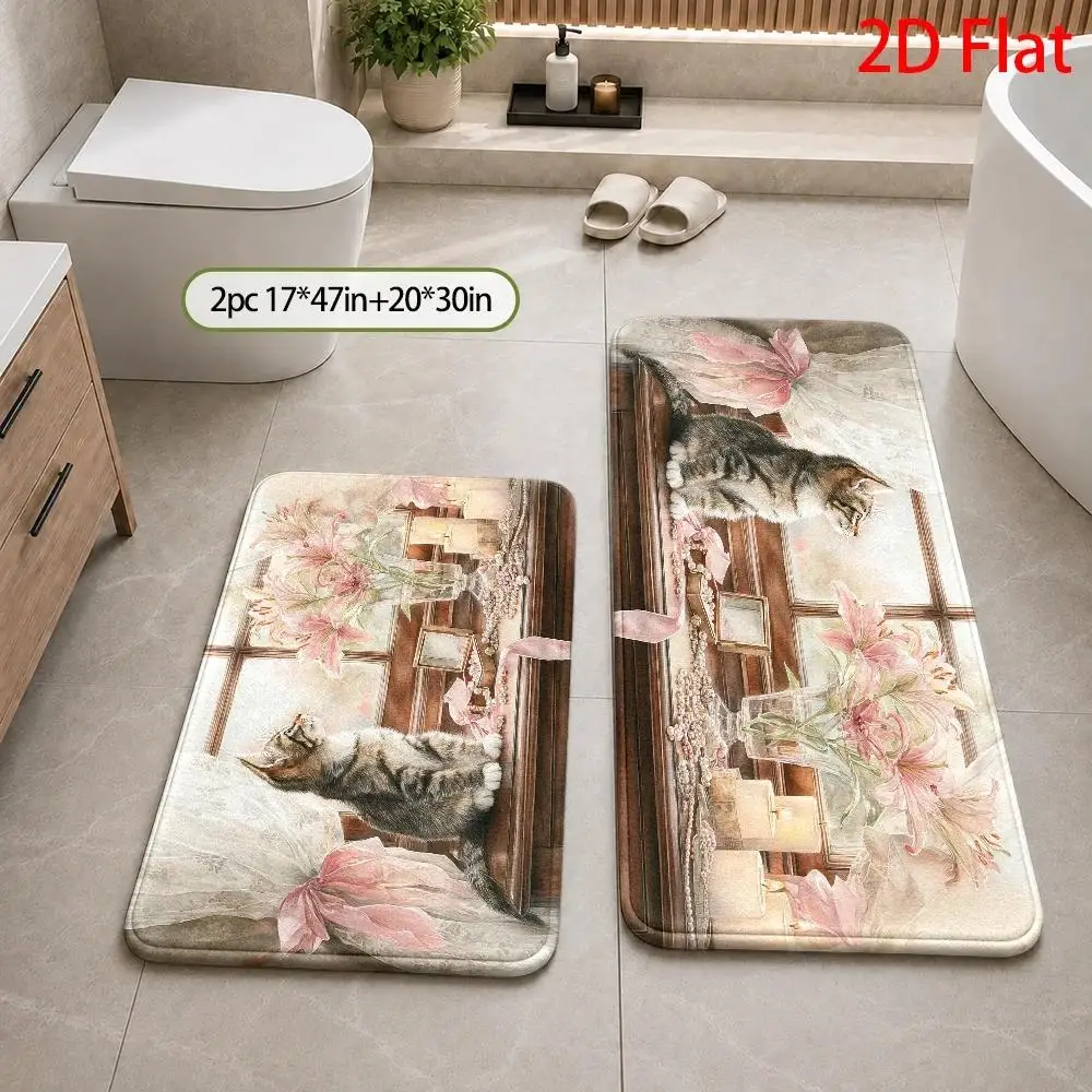 1pc, 2pcs, 3pcs, 2D Flat, Charming Cat Window View Bath Rug Sets, Pink Lily Floral Bathroom Mat, Soft And Absorbent, Machine Washable, Decorative Floor Mat Set, Perfect for Bathrooms, Laundry Rooms, Entryways