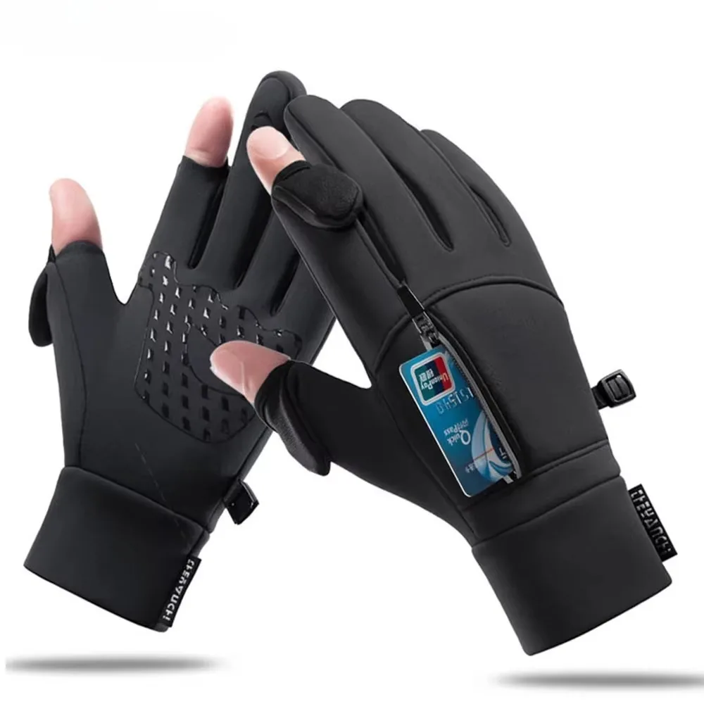 Flip Top Gloves Convertible Mittens Winter Warm Touchscreen Fingerless Fleece Gloves with Card Zipper Pocket for Men Women