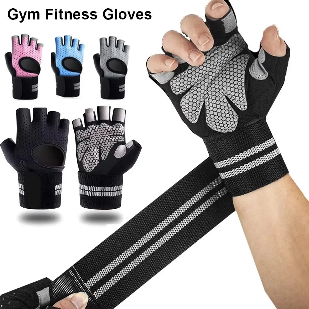 1Pair with Wrist Wrap Support Gym Fitness Gloves Half Finger Anti-slip Exercise Wristband Gloves Breathable
