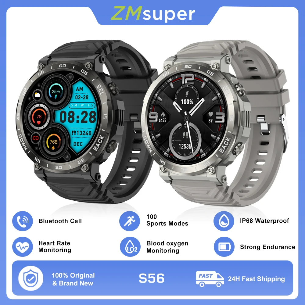 

ZMsuper S56 Smart Watch Men Bluetooth Call Heart Rate Blood Pressure Monitor Sports Fitness Tracker Ip68 Waterproof Wristwatch