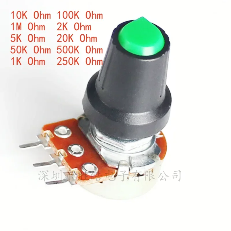 

(5PCS) NEW WH148 Potentiometer 15mm 3pin 1K 2K 5K 10K 20K 50K 100K 250K 1M Green AG2 Knob Cap Linear Potentiometers Kit