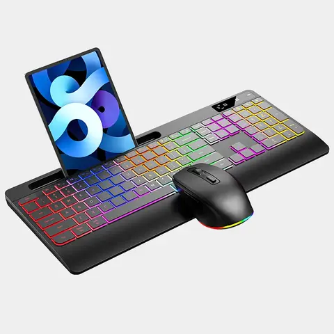 Teclado e Mouse sem Fio com Descanso de Palma, Bluetooth, Recarregável, RGB, Retroiluminado, Computador, Tablet, 109 Chaves