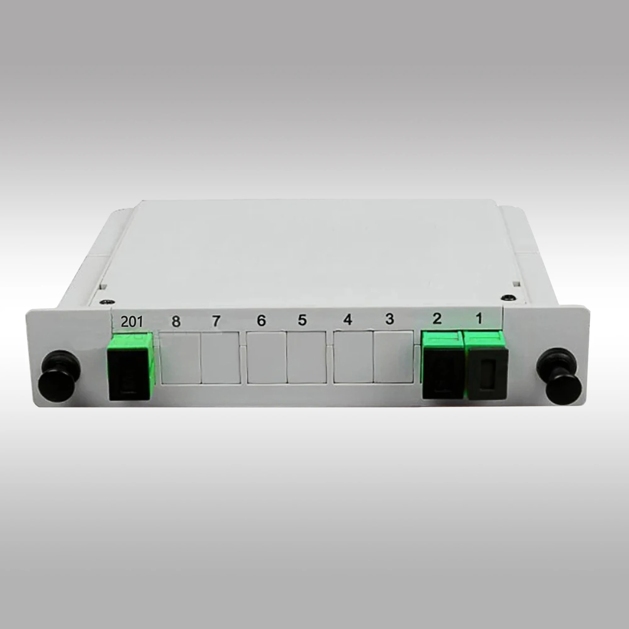 1×2/4/8/16/32-port plug-in PLC fiber optic splitter, SC/APC, suitable for FTTH (Fiber to the Home) and CATV (Cable Television)