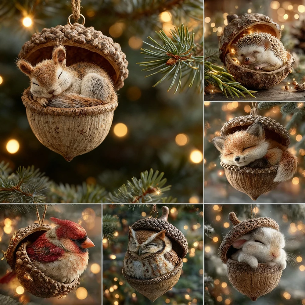 Kits de 6 uds de adornos de bellota de animales del bosque, estatua colgante plana 2D para decoración del hogar, adornos navideños de bosque acogedor, decoración acrílica 2D