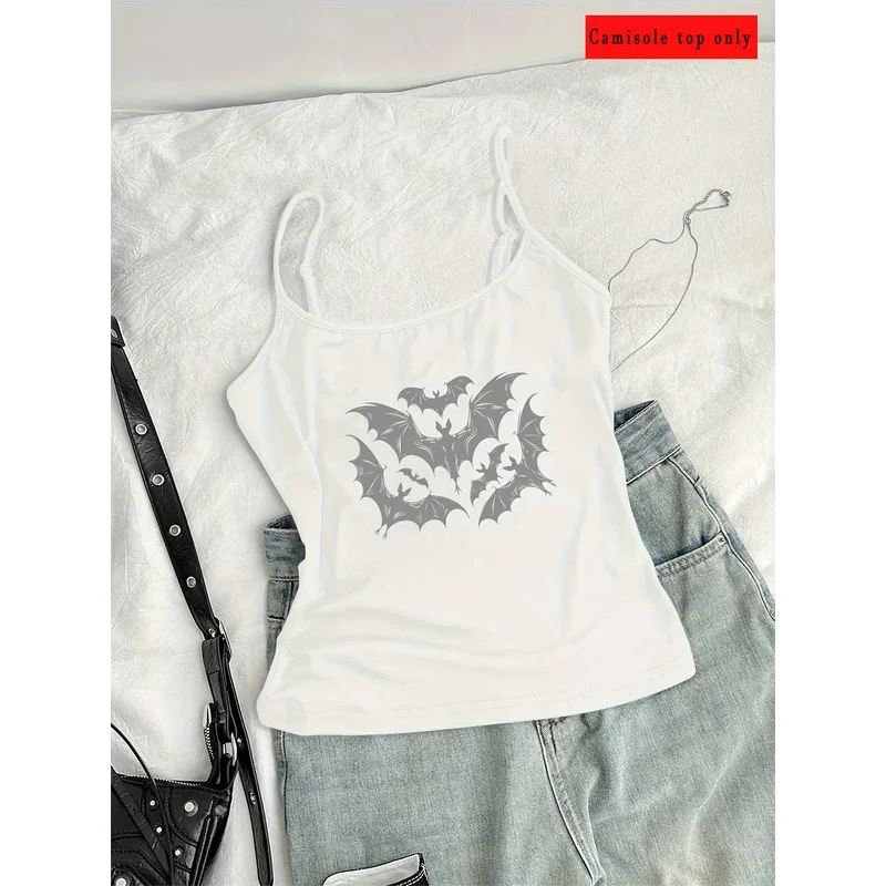 Vintage Gray Bats Graphic Spaghetti Strap Tank Top Women Halloween Bat Cluster Print Sleeveless Slim Crop Cami Top Gothic Casual