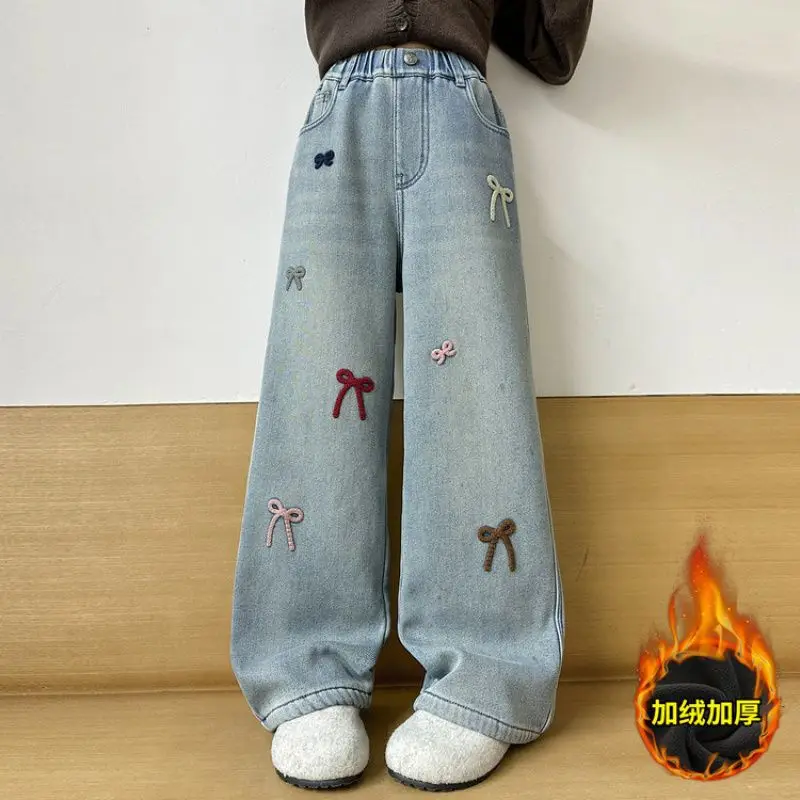 

Fashion Children Winter Fleece Lined Jeans with Bows Embroidery for Girls Wide Leg Insulated Denim Pants Kids Thermal Trousers