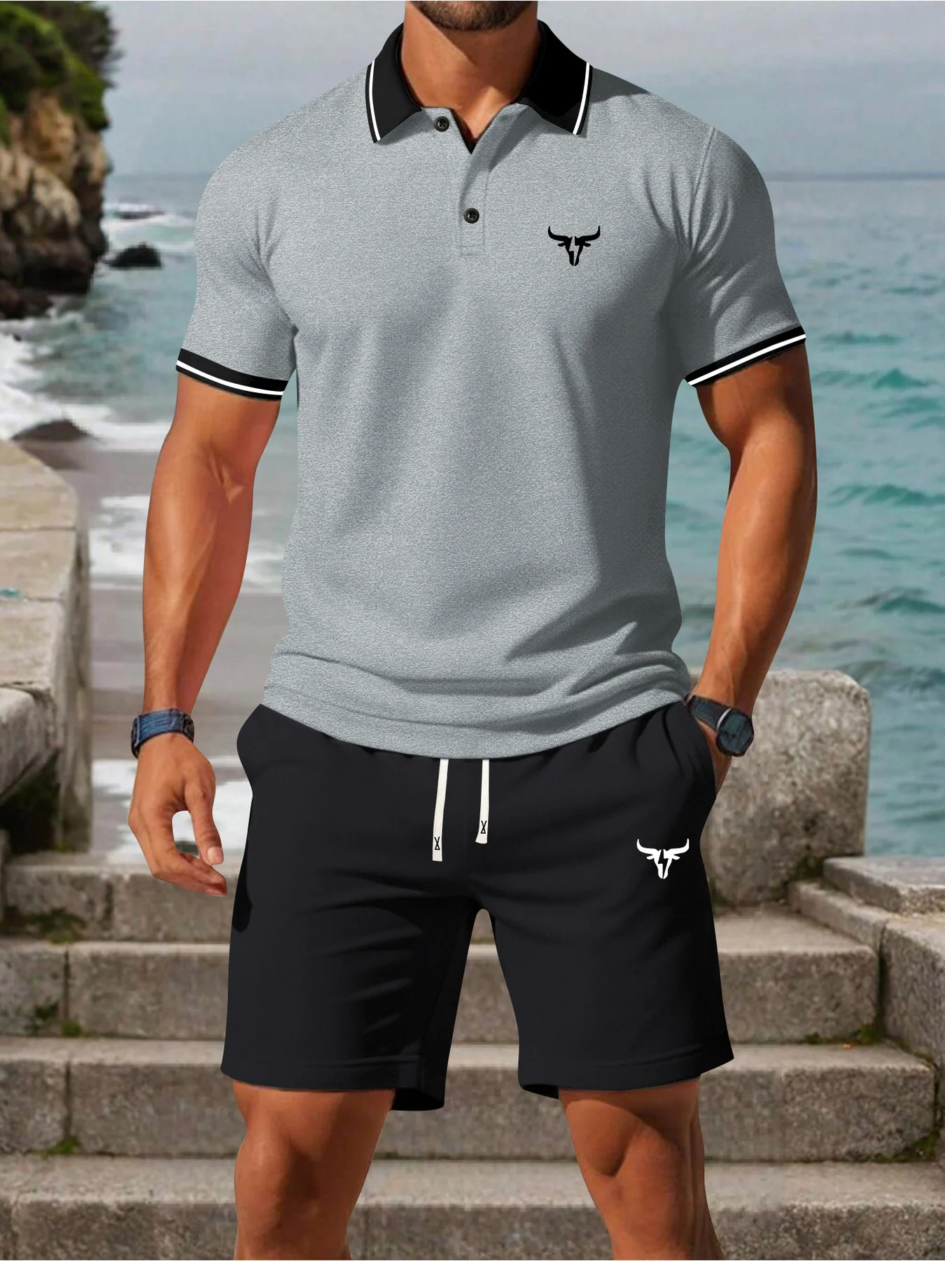 

2026 New Summer Men's Set Solid-Color Mesh Short-Sleeve Collared Shirt Bull-Print Polo Shirt Drawstring Shorts Men's Set