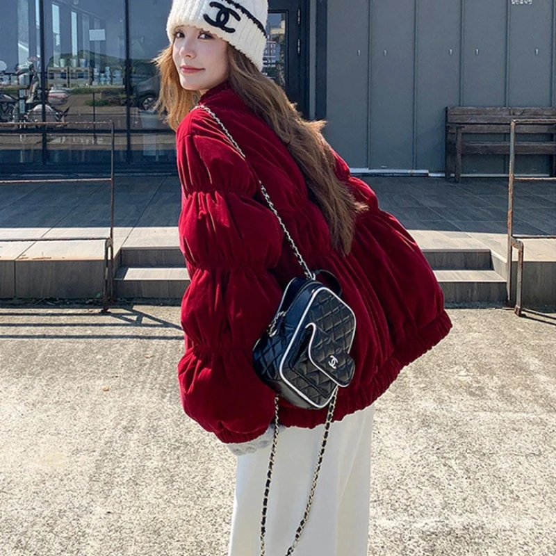 ベルベットスタンドカラーダウンジャケット レディース ショートスタイル 2025冬新作 ルーズ 無地 90%ホワイトダックダウン ブレッドジャケット
