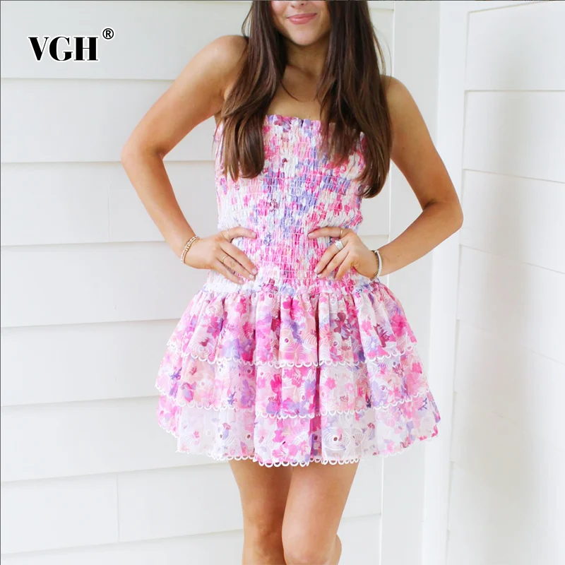 VGH-Vestidos estampados florais coloridos das mulheres, sem alças, sem mangas, sem encosto, cintura alta, babados emendados, emagrecimento, fêmea, hit