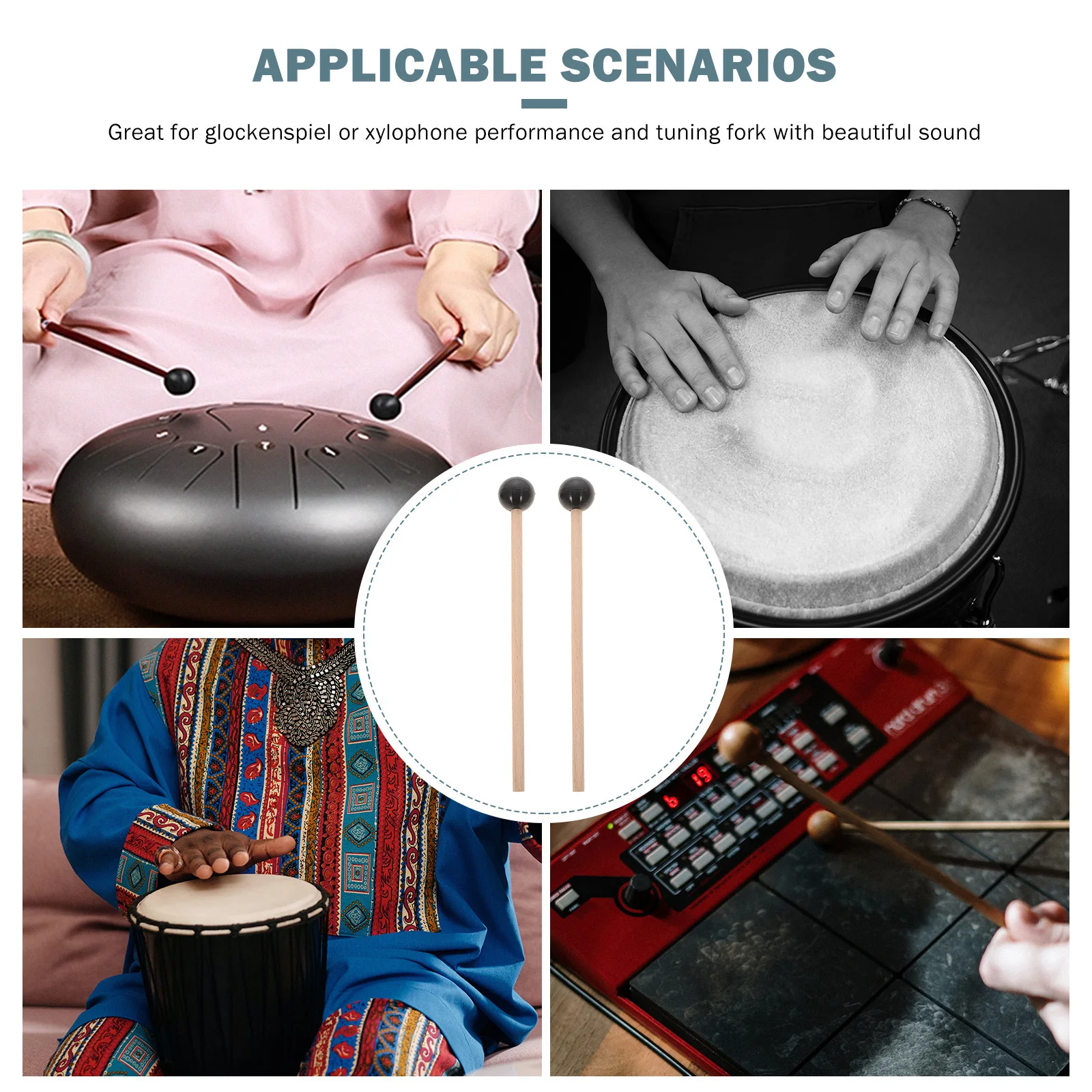 2 قطعة الصلب اللسان طبل مطارق الخشب مقبض كرة سيليكون رئيس ل إكسيليفون غلوكنسبيل ضبط شوكة قرع الاطفال الكبار